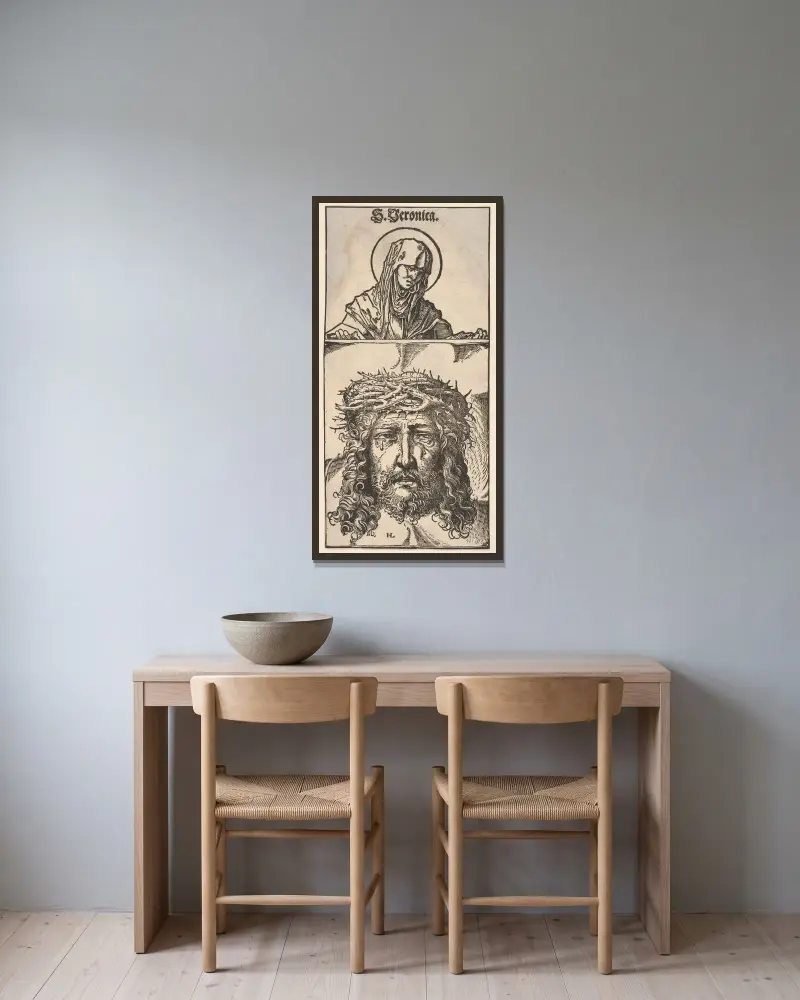 Die heilige Veronika mit dem Schweißtuch von Hans Burgkmair The Elder gerahmt an einer Wand