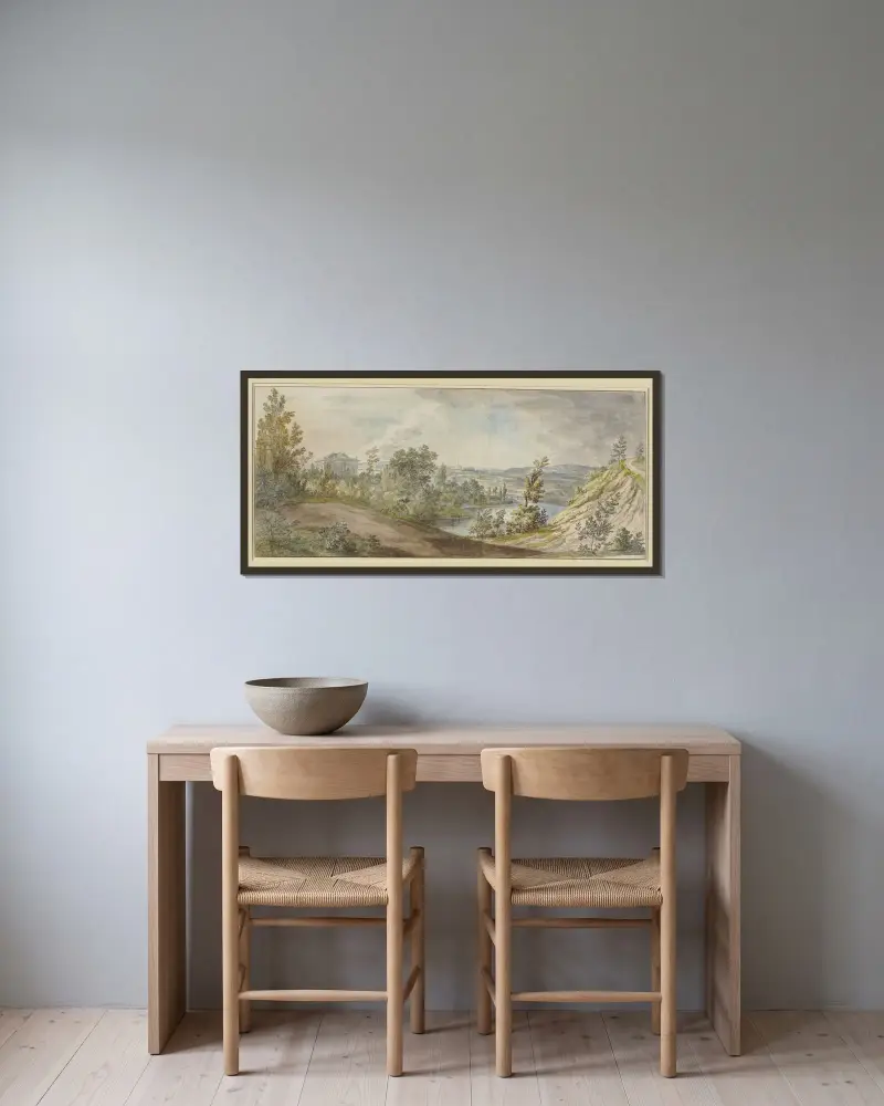 Slottet Schönbusch vid Aschaffenburg, flodlandskap med vy från en höjd, till vänster slottet av Christian Georg Schütz the elder inramad på en vägg