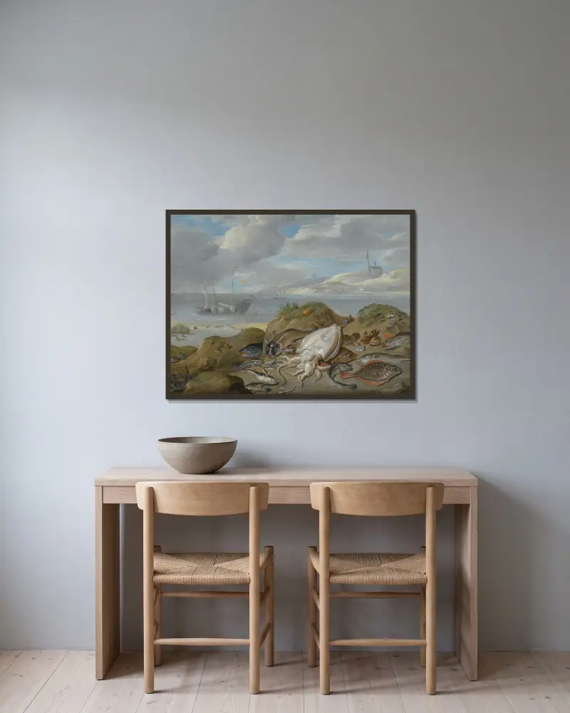 Still Life With Cuttle Fish, Plaice, Cod, Mussels And Other Fish On A Dune, A Church Across A River Estuary Beyond av Jan Van Kessel The Elder inramad på en vägg