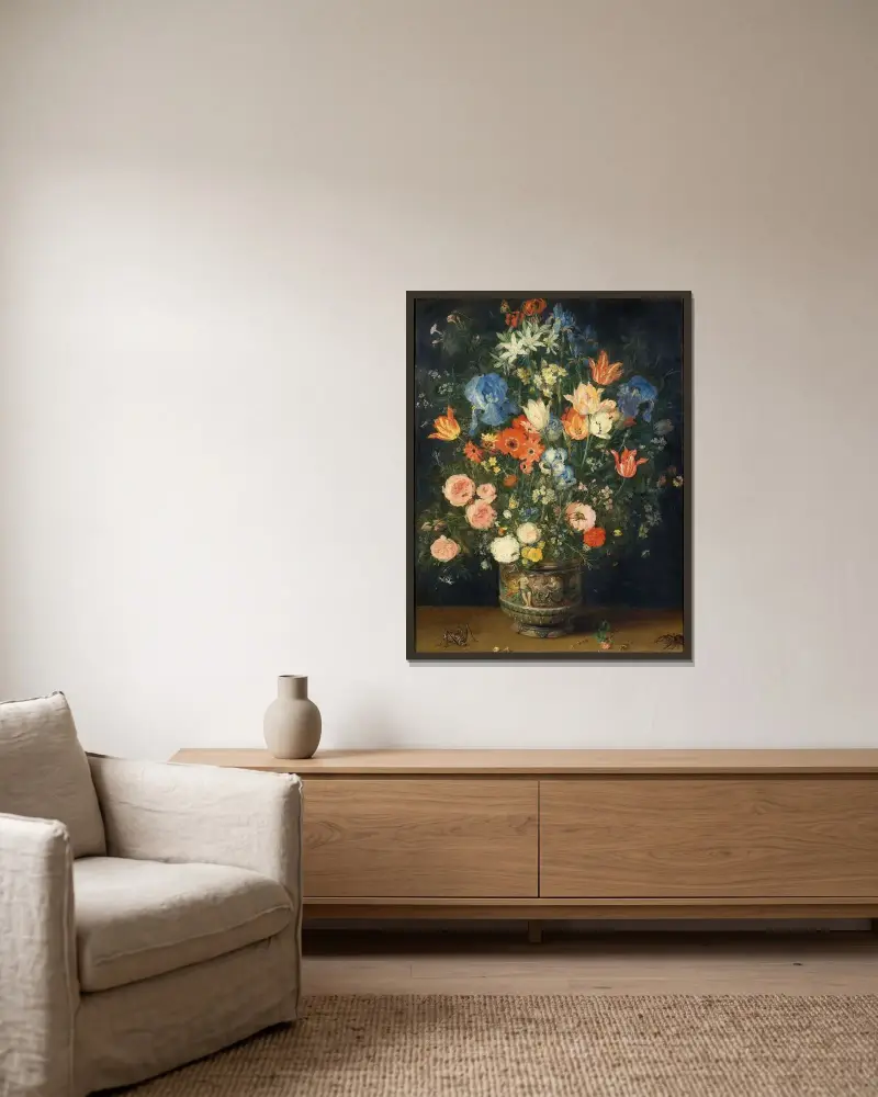 Stilleben med blommor och insekter av Jan Brueghel The Elder inramad på en vägg