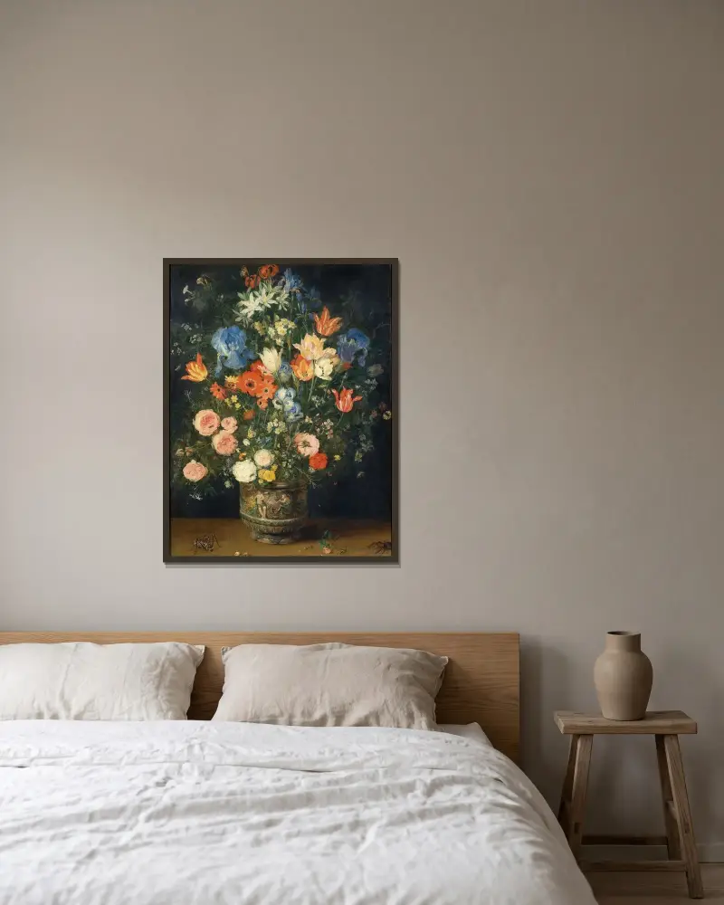 Stilleben med blommor och insekter av Jan Brueghel The Elder inramad på en vägg