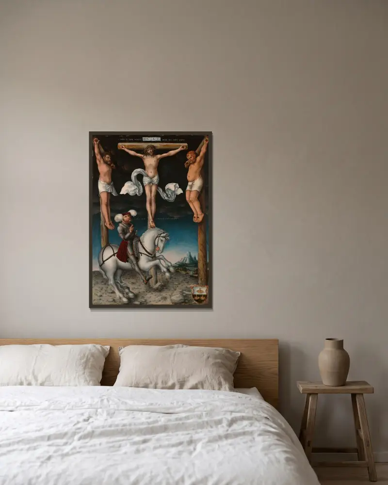 Die Kreuzigung mit dem bekehrten Hauptmann von Lucas Cranach the Elder gerahmt an einer Wand