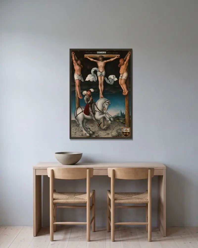 Die Kreuzigung mit dem bekehrten Hauptmann von Lucas Cranach the Elder gerahmt an einer Wand