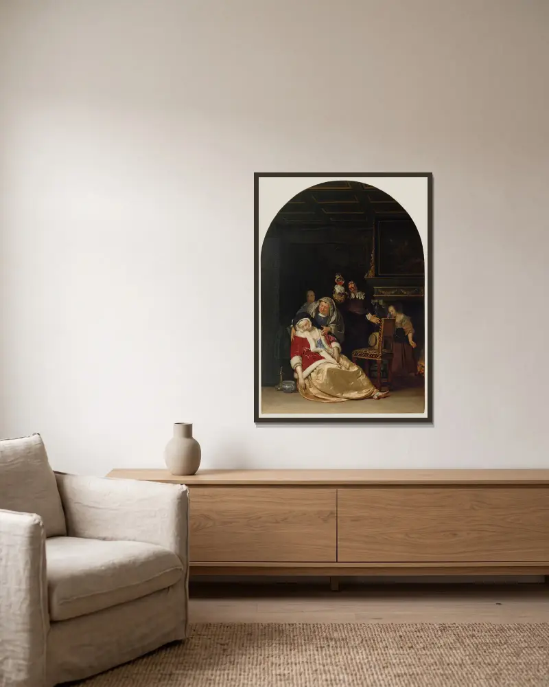 Der Arztbesuch von Frans van Mieris the Elder gerahmt an einer Wand