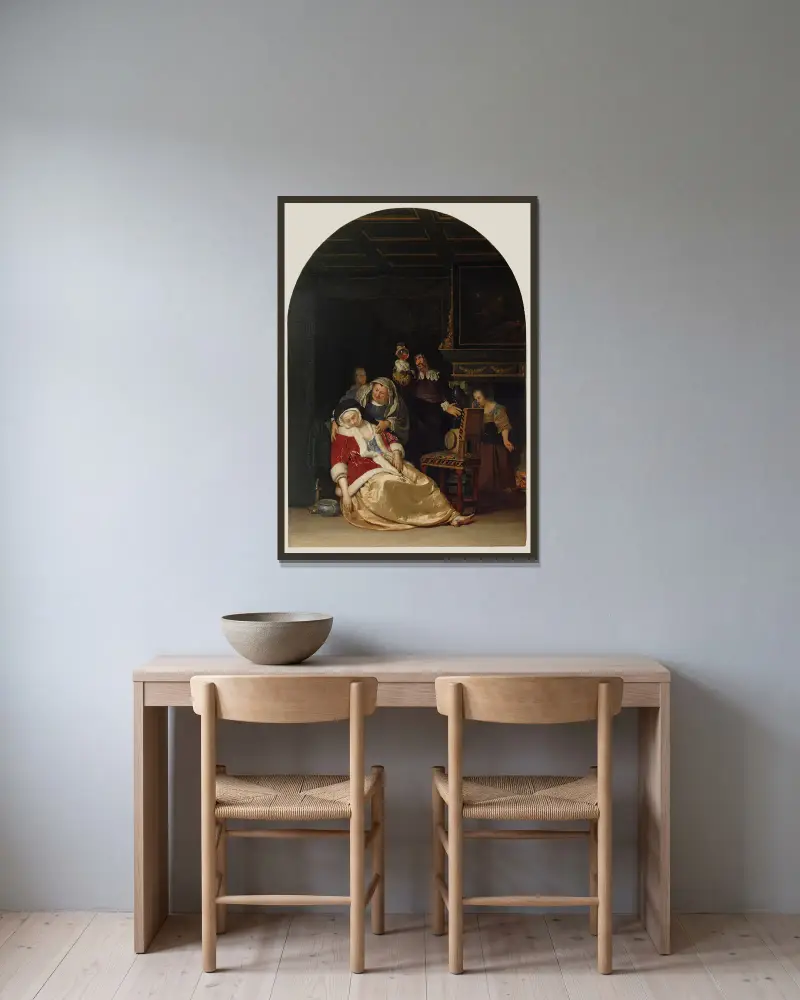 Der Arztbesuch von Frans van Mieris the Elder gerahmt an einer Wand