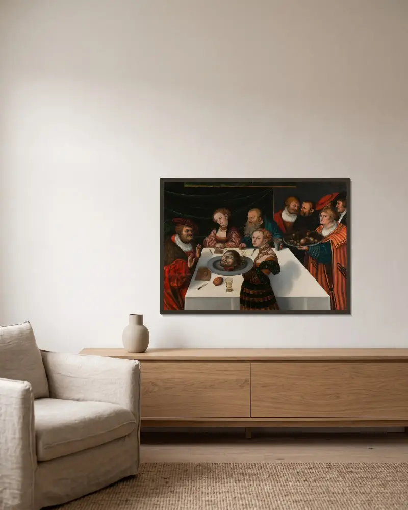 The Feast of Herod av Lucas Cranach the Elder inramad på en vägg