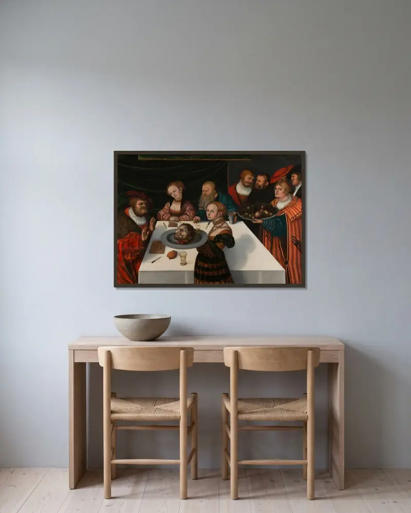 The Feast of Herod av Lucas Cranach the Elder inramad på en vägg