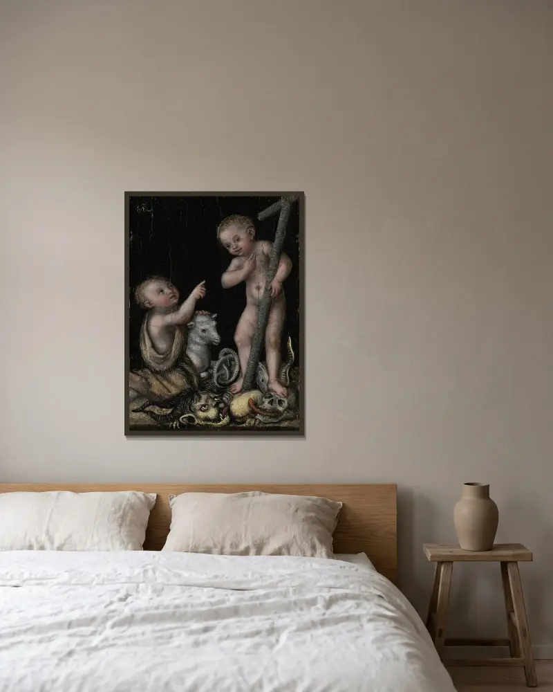 Barndomen: Kristus och Johannes döparen av Lucas Cranach the Elder inramad på en vägg