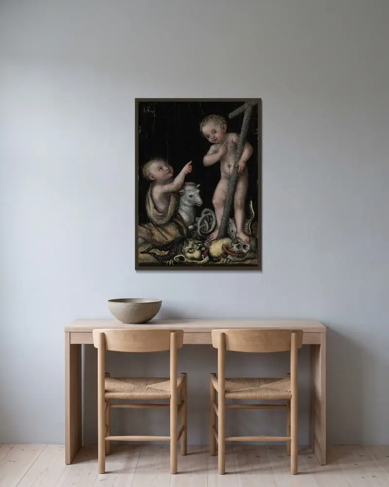 Barndomen: Kristus och Johannes döparen av Lucas Cranach the Elder inramad på en vägg