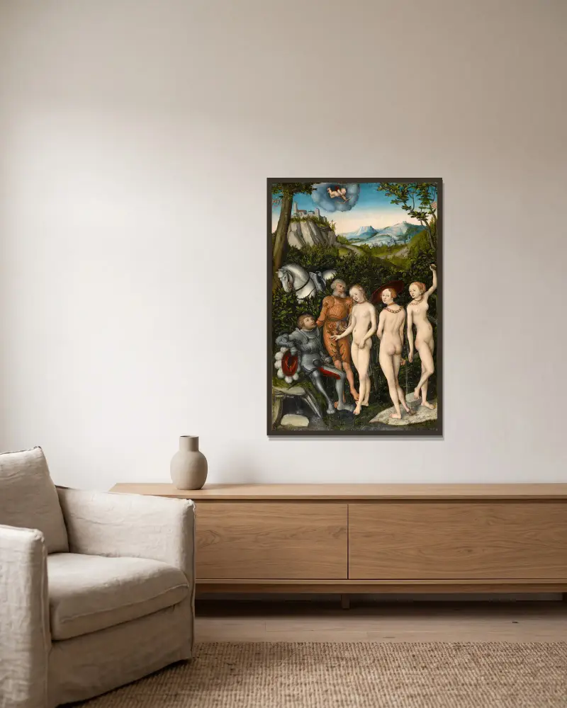 The Judgement of Paris, 1528 av Lucas Cranach the Elder inramad på en vägg