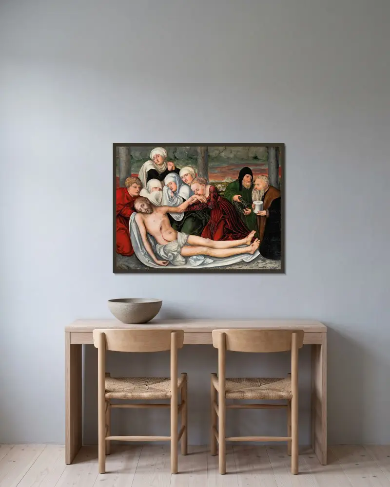Die Beweinung Christi von Lucas Cranach the Elder gerahmt an einer Wand