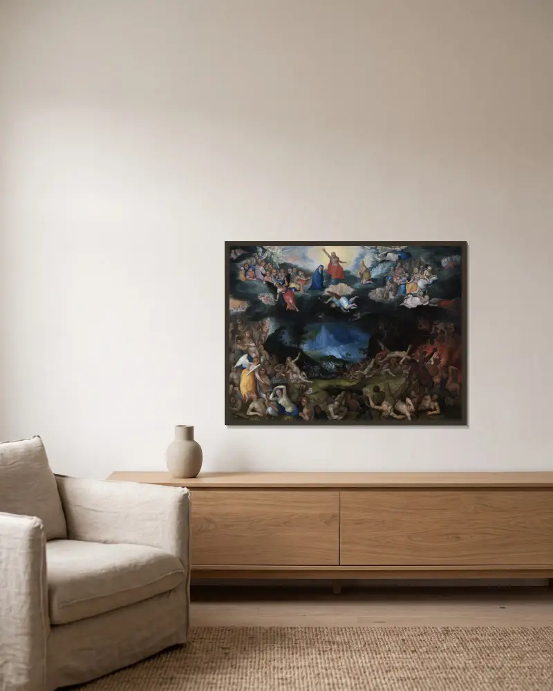 Das Jüngste Gericht von Jan Brueghel The Elder gerahmt an einer Wand