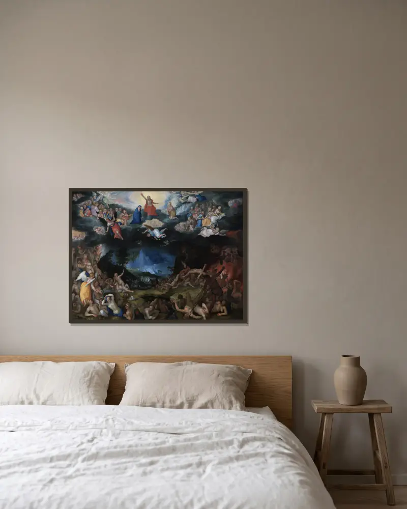 Das Jüngste Gericht von Jan Brueghel The Elder gerahmt an einer Wand