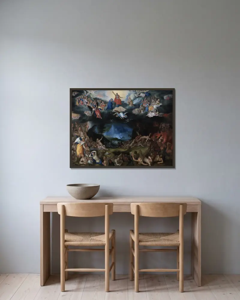Das Jüngste Gericht von Jan Brueghel The Elder gerahmt an einer Wand