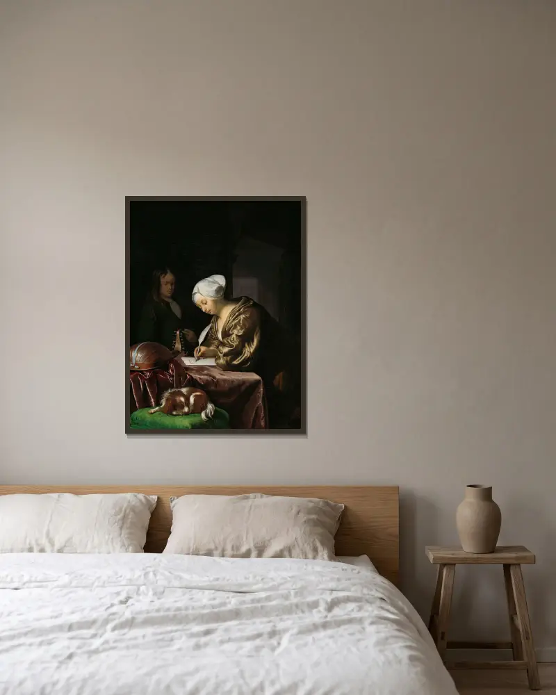Der Briefschreiber von Frans van Mieris the Elder gerahmt an einer Wand
