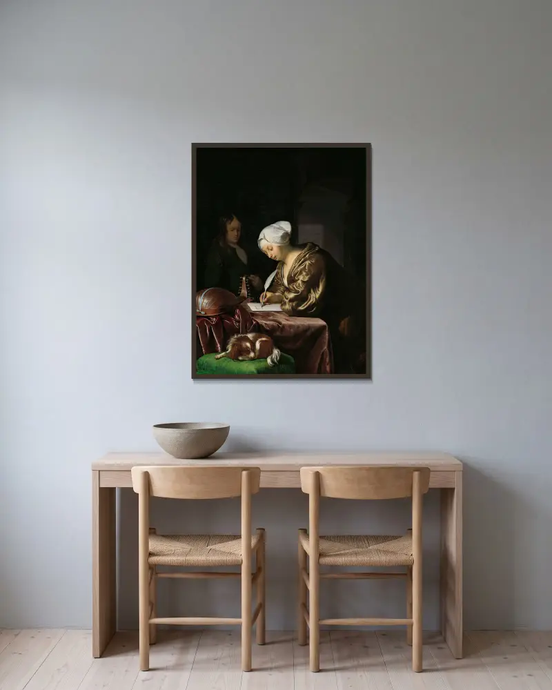 Der Briefschreiber von Frans van Mieris the Elder gerahmt an einer Wand