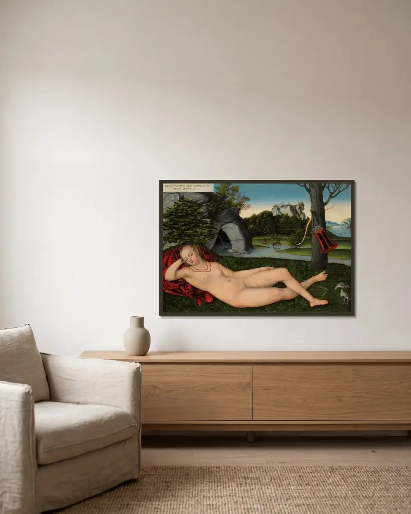 The Nymph of the Spring av Lucas Cranach the Elder inramad på en vägg