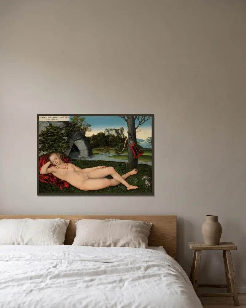The Nymph of the Spring av Lucas Cranach the Elder inramad på en vägg