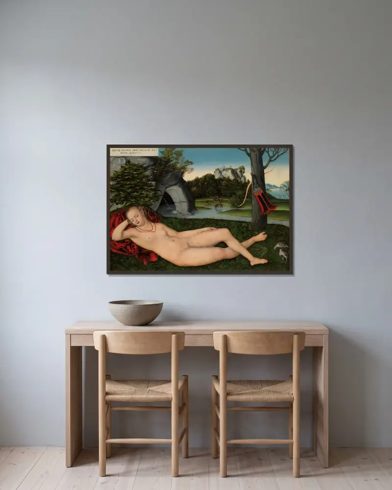 The Nymph of the Spring av Lucas Cranach the Elder inramad på en vägg
