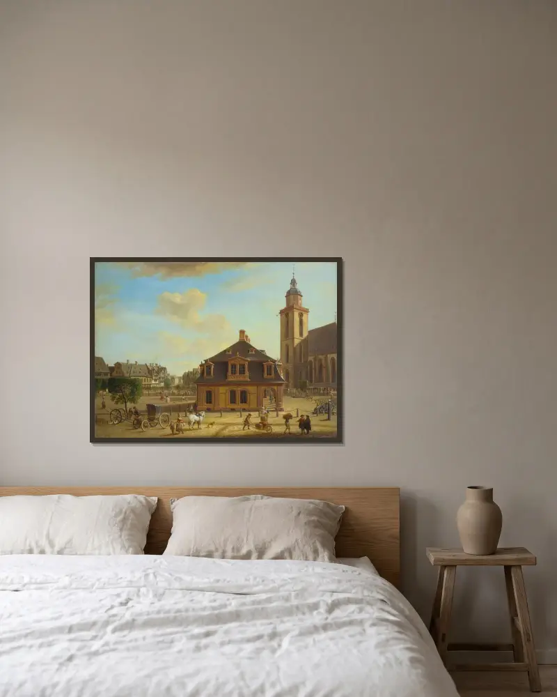 Rossmarkt i Frankfurt av Christian Georg Schütz the elder inramad på en vägg