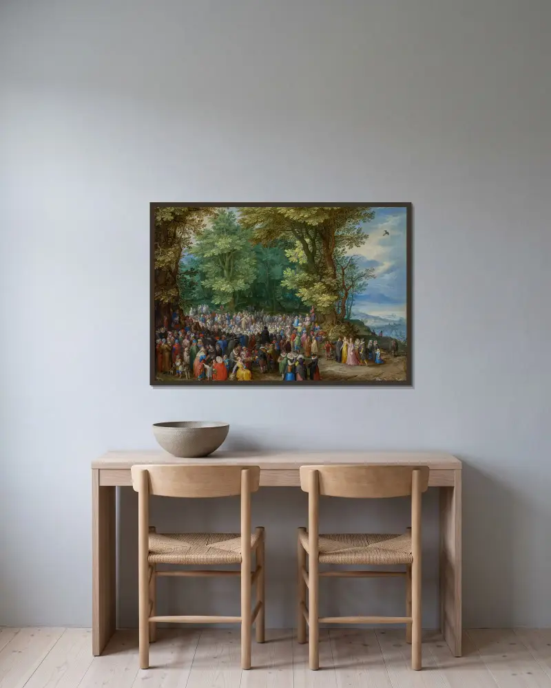 Die Bergpredigt von Jan Brueghel The Elder gerahmt an einer Wand