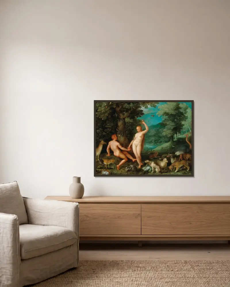 Adams frestelse i paradiset av Jan Brueghel The Elder inramad på en vägg