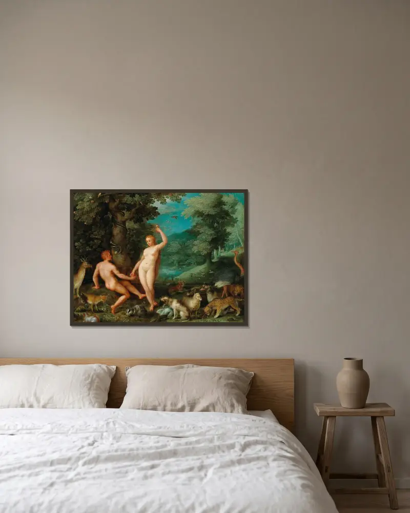 Adams frestelse i paradiset av Jan Brueghel The Elder inramad på en vägg