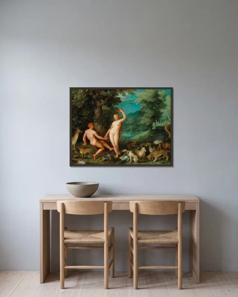 Adams frestelse i paradiset av Jan Brueghel The Elder inramad på en vägg