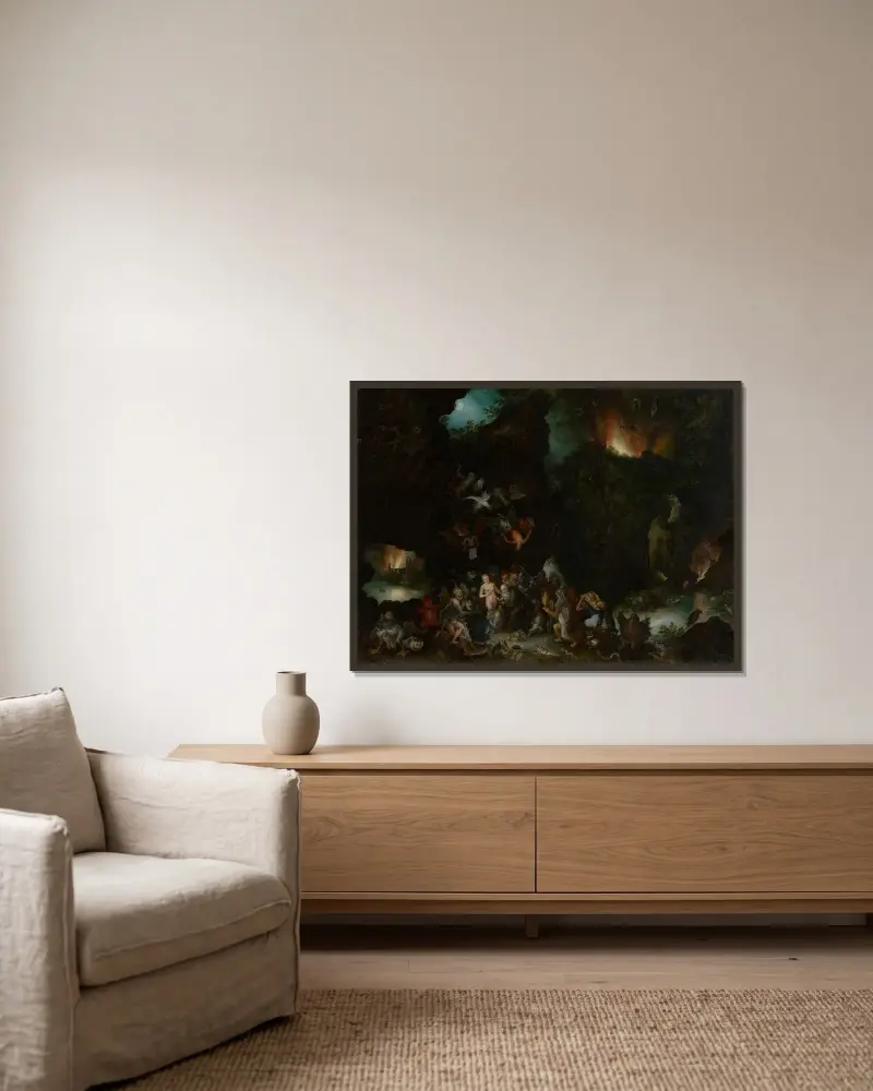 Frestelsen av Sankt Antonius av Jan Brueghel The Elder inramad på en vägg