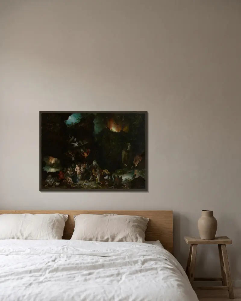 Frestelsen av Sankt Antonius av Jan Brueghel The Elder inramad på en vägg