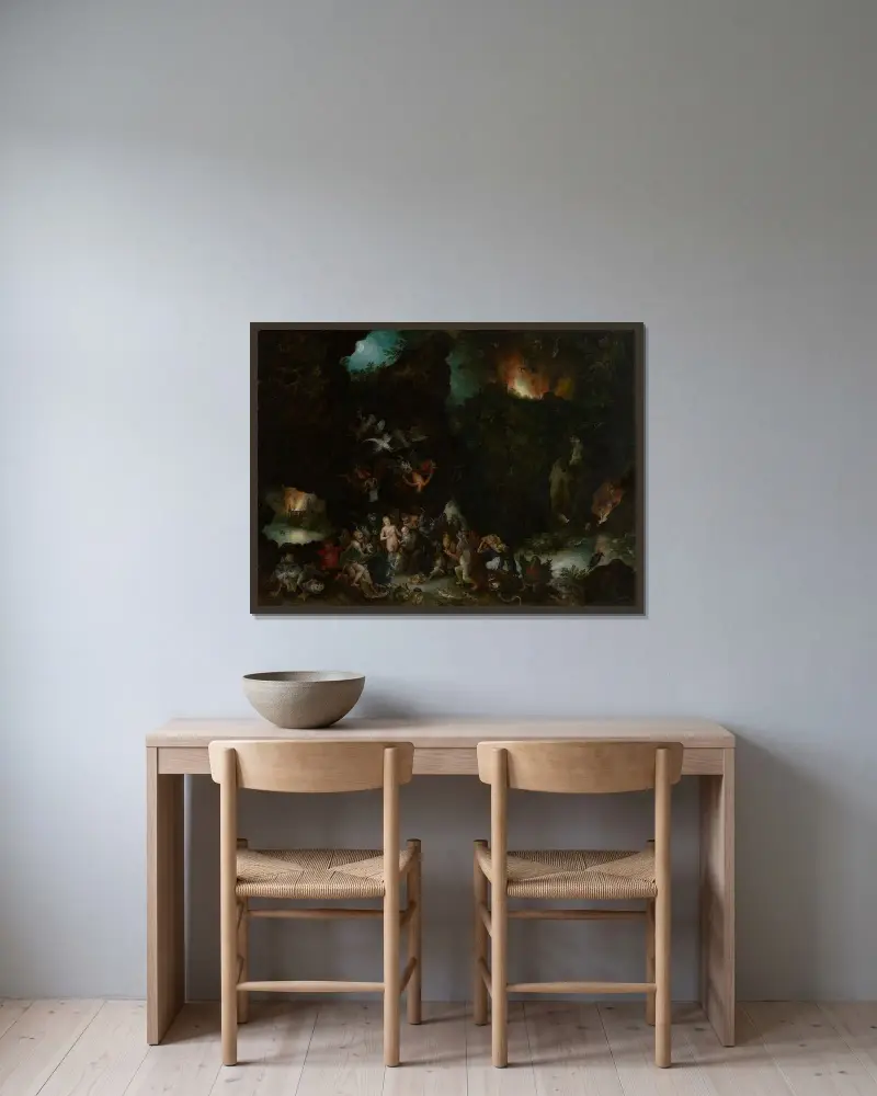 Frestelsen av Sankt Antonius av Jan Brueghel The Elder inramad på en vägg