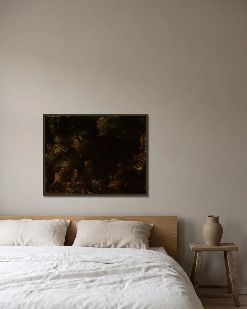 Frestelsen av den helige Antonius av Jan Brueghel The Elder inramad på en vägg