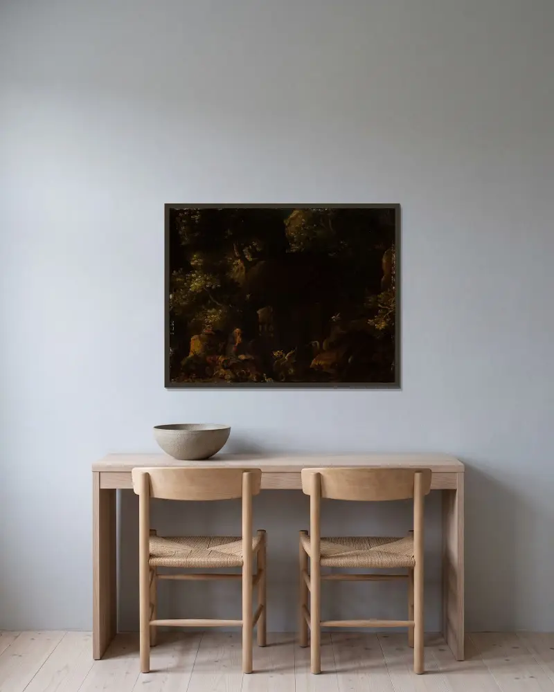 Frestelsen av den helige Antonius av Jan Brueghel The Elder inramad på en vägg