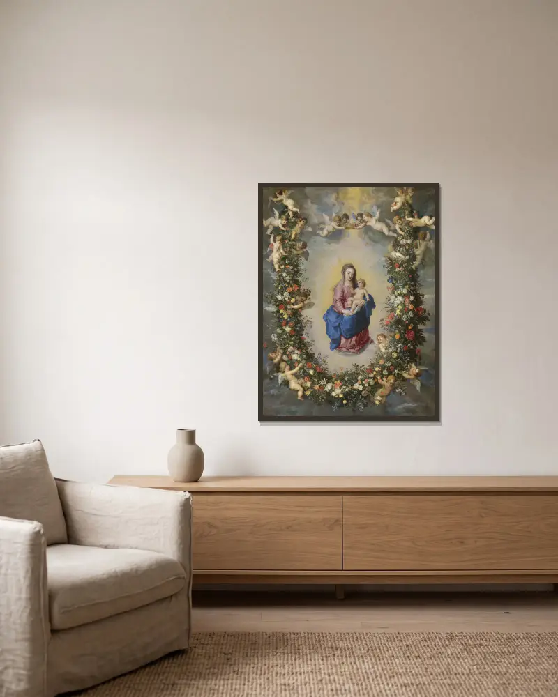 The Virgin And Child Encircled By A Garland Of Flowers Held Aloft By cherubs av Jan Brueghel The Elder inramad på en vägg