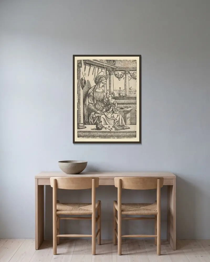 Jungfrun sittande med barnet av Hans Burgkmair The Elder inramad på en vägg