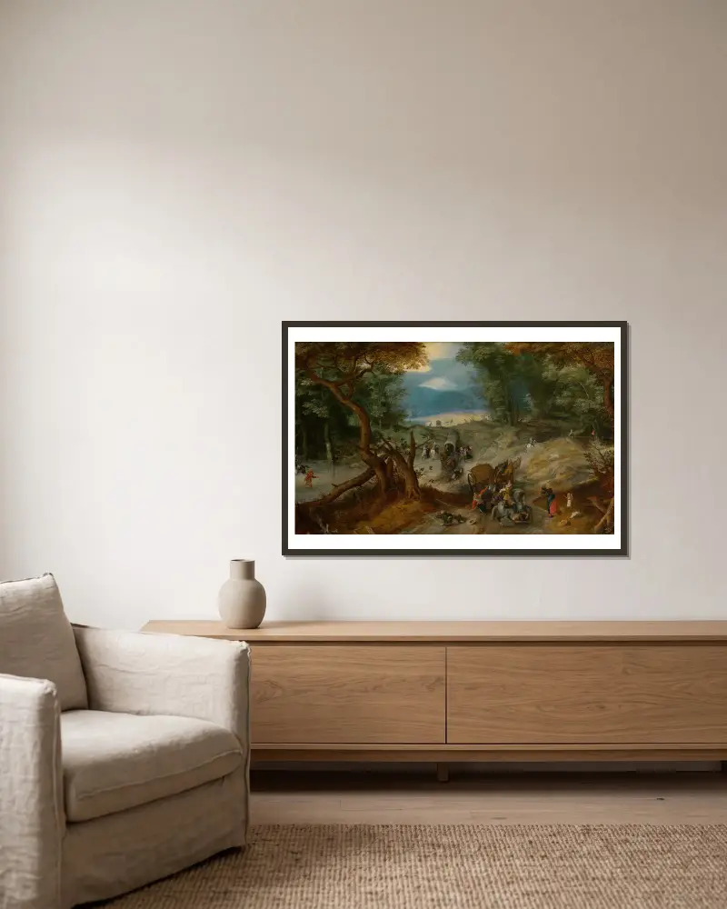 Travallers Attacked by Soldiers av Jan Brueghel The Elder inramad på en vägg