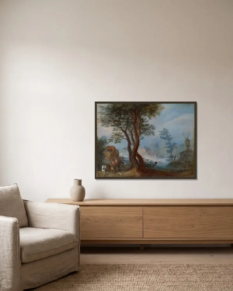Byliggande landskap med figurer av Jan Brueghel The Elder inramad på en vägg