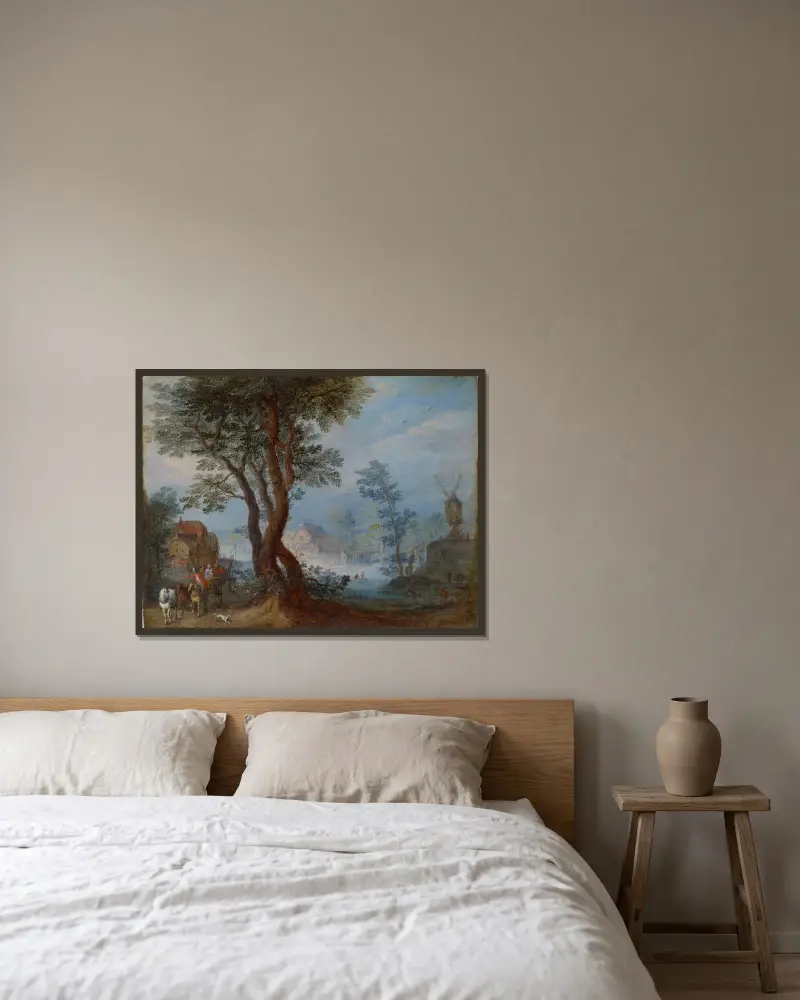 Byliggande landskap med figurer av Jan Brueghel The Elder inramad på en vägg
