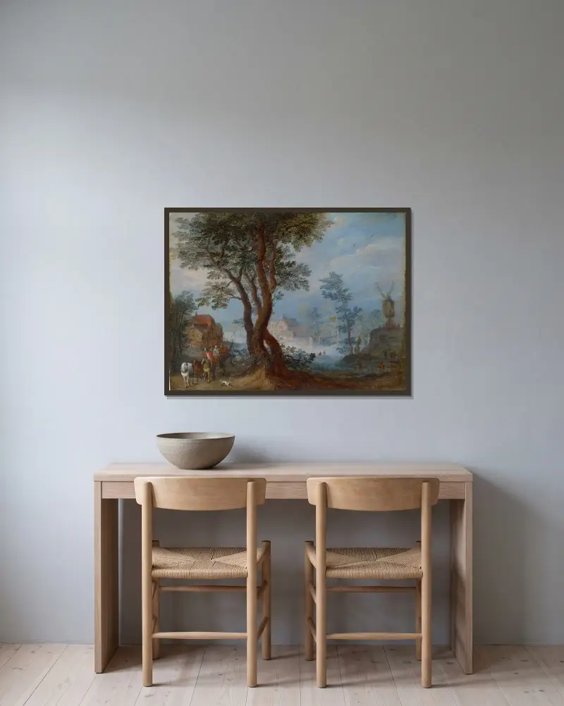 Byliggande landskap med figurer av Jan Brueghel The Elder inramad på en vägg