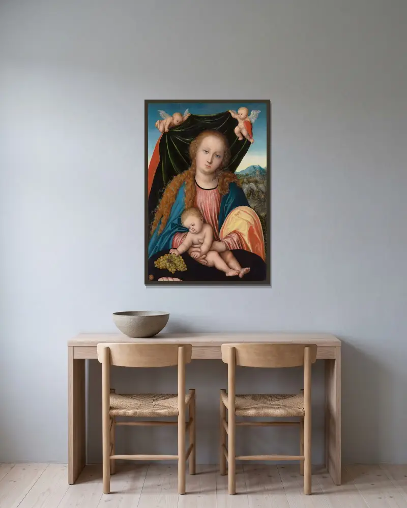 Madonna mit Kind, 1515 von Lucas Cranach the Elder gerahmt an einer Wand