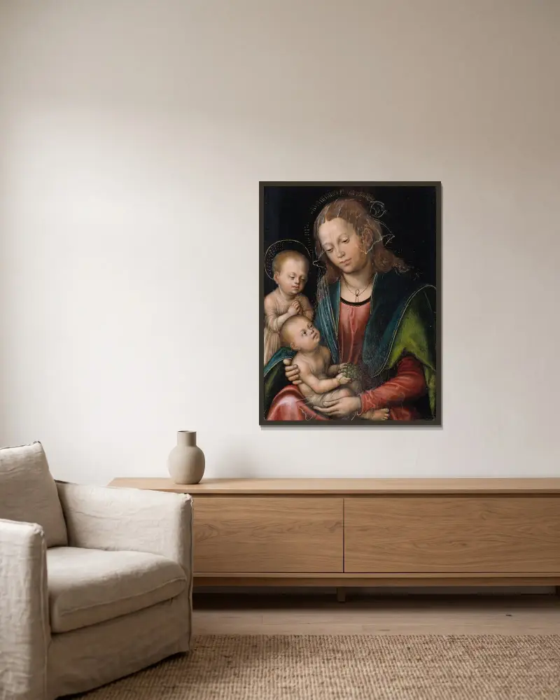 Virgin and Child Adored by the Infant St John av Lucas Cranach the Elder inramad på en vägg