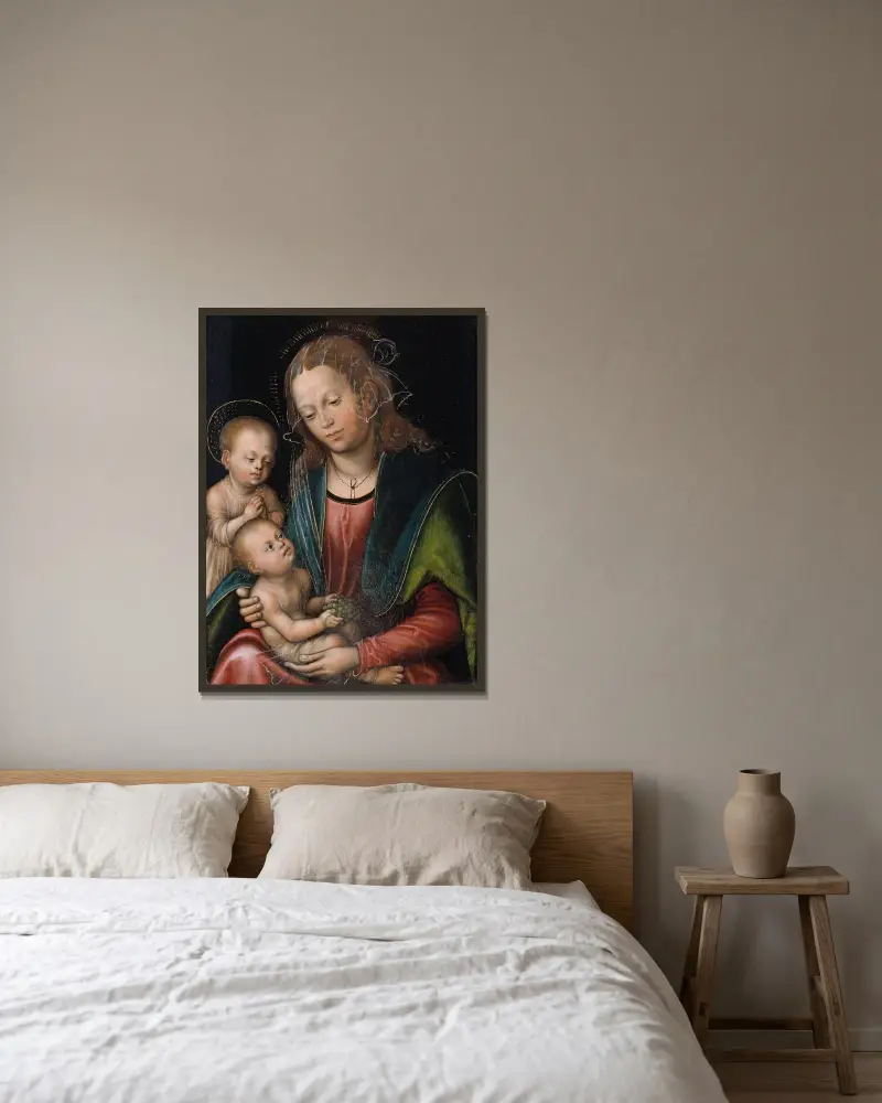 Virgin and Child Adored by the Infant St John av Lucas Cranach the Elder inramad på en vägg