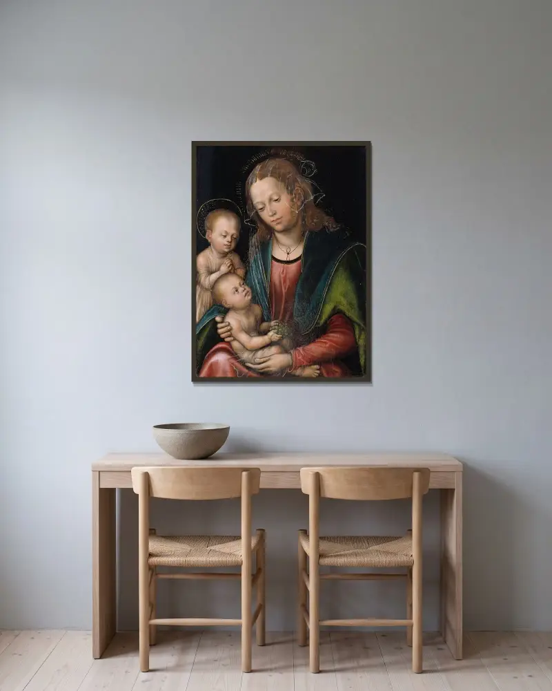Virgin and Child Adored by the Infant St John av Lucas Cranach the Elder inramad på en vägg