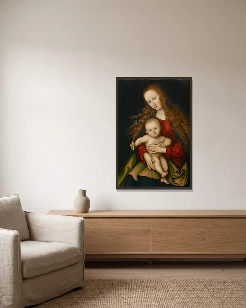 Madonna mit Kind, 1529 von Lucas Cranach the Elder gerahmt an einer Wand