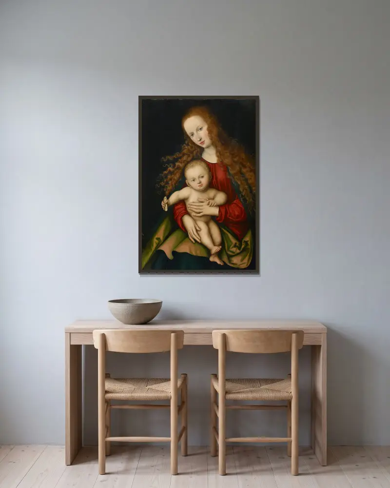 Madonna mit Kind, 1529 von Lucas Cranach the Elder gerahmt an einer Wand