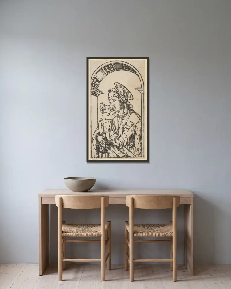 Madonna och barn under en båge av Hans Burgkmair The Elder inramad på en vägg