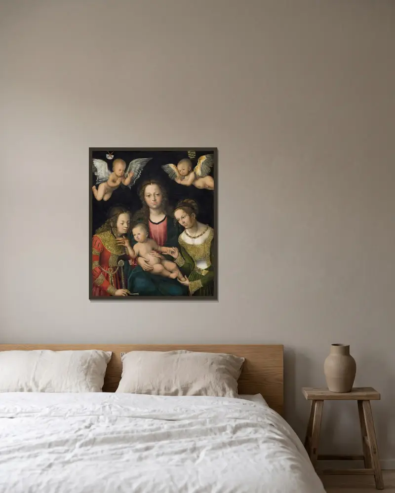 Virgin and Child with the Saints Catherine and Barbara av Lucas Cranach the Elder inramad på en vägg