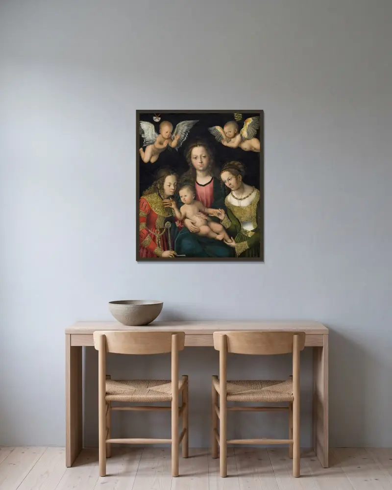 Virgin and Child with the Saints Catherine and Barbara av Lucas Cranach the Elder inramad på en vägg