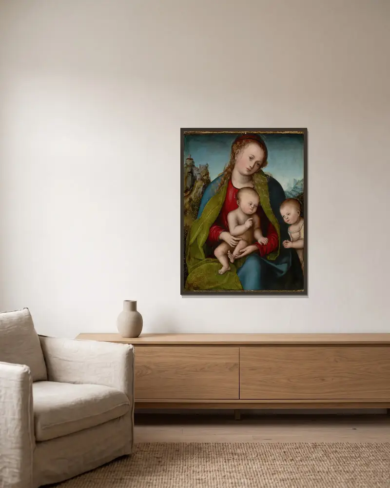 Virgin Mary with the Child and Saint John the Baptist av Lucas Cranach the Elder inramad på en vägg
