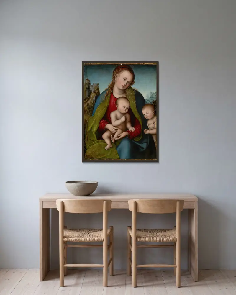 Virgin Mary with the Child and Saint John the Baptist av Lucas Cranach the Elder inramad på en vägg